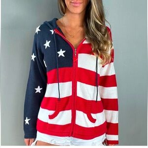 The Quacker Factory Stars & Stripes American flag fullzip hooded sweater size 1X